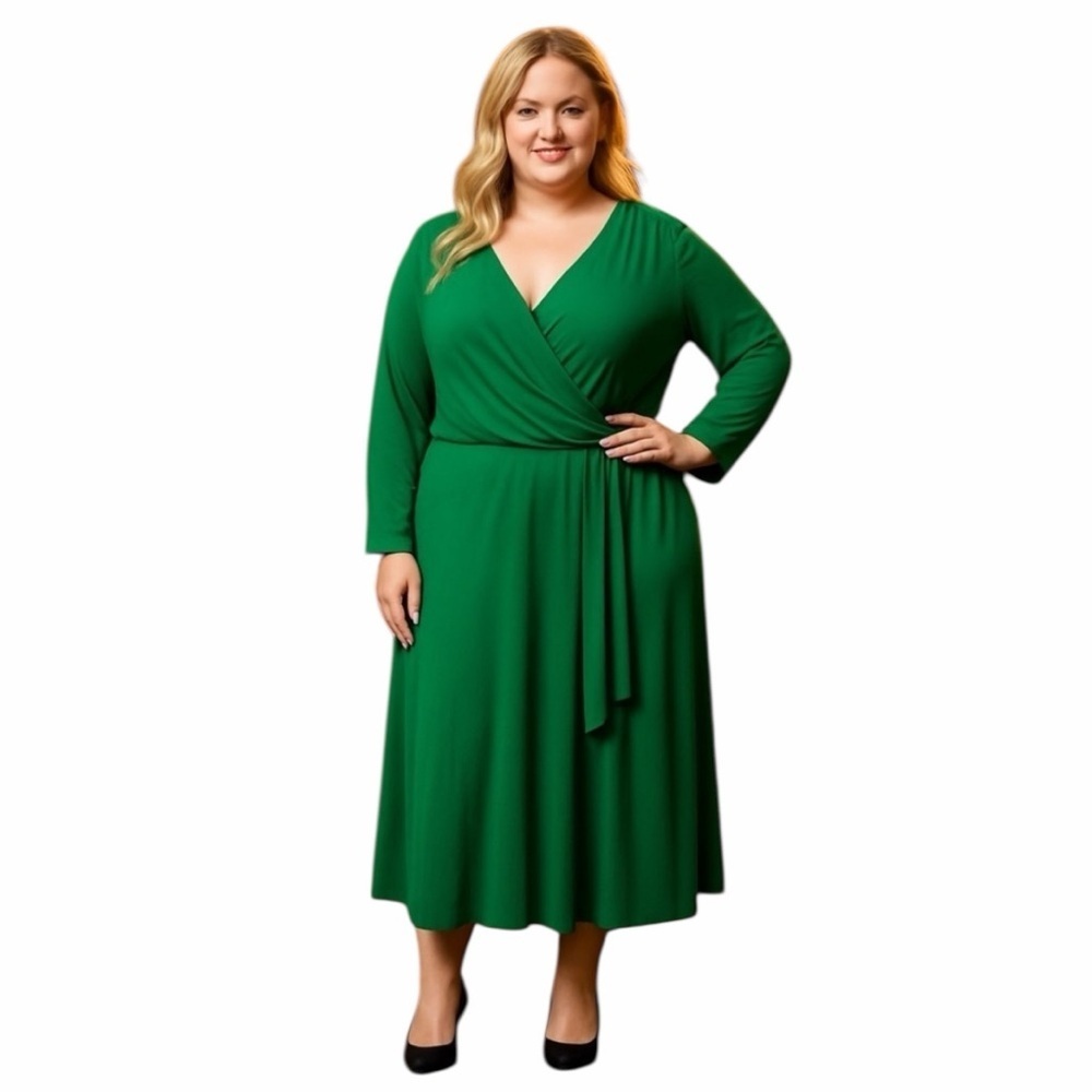 Serengeti Women’s 2X Green Draped Surplice V-Neck Long Sleeve Stretch Knit Dress